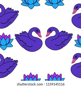 Trendy seamless pattern with swans. Night lake art background. Fashion design for fabric, wallpaper, textile and decor.