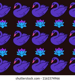 Trendy seamless pattern with swans and water lily. Night lake art background. Fashion design for fabric, wallpaper, textile and decor.