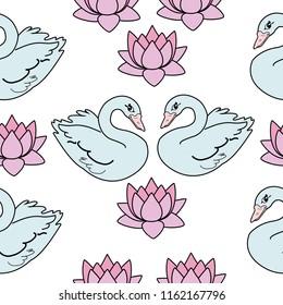 Trendy seamless pattern with swans, water lily. Night lake art background. Fashion design for fabric, wallpaper, textile and decor.