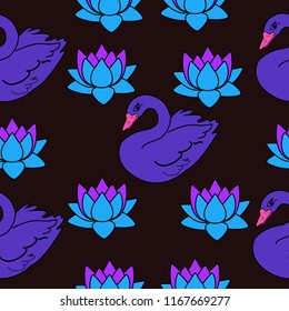 Trendy seamless pattern with swans, water lily. Night lake art background. Fashion design for fabric, wallpaper, textile and decor.