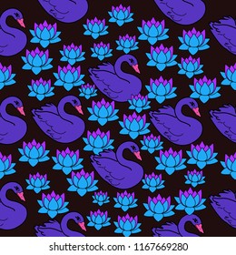 Trendy seamless pattern with swans, water lily. Night lake art background. Fashion design for fabric, wallpaper, textile and decor.