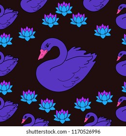 Trendy seamless pattern with swans, water lily. Night lake art background. Fashion design for fabric, wallpaper, textile and decor.