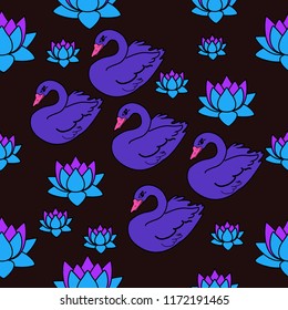 Trendy seamless pattern with swans, water lily. Night lake art background. Fashion design for fabric, wallpaper, textile and decor.
