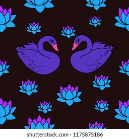 Trendy seamless pattern with swans, water lily. Night lake art background. Fashion design for fabric, wallpaper, textile and decor.