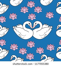Trendy seamless pattern with swans, water lily. Night lake art background. Fashion design for fabric, wallpaper, textile and decor.
