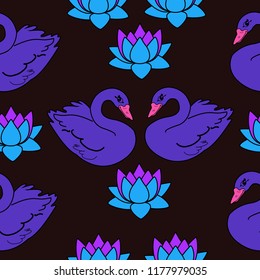 Trendy seamless pattern with swans, water lily. Night lake art background. Fashion design for fabric, wallpaper, textile and decor.