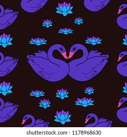 Trendy seamless pattern with swans, water lily. Night lake art background. Fashion design for fabric, wallpaper, textile and decor.