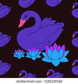 Trendy seamless pattern with swans, water lily. Night lake art background. Fashion design for fabric, wallpaper, textile and decor.