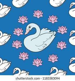 Trendy seamless pattern with swans, water lily. Night lake art background. Fashion design for fabric, wallpaper, textile and decor.