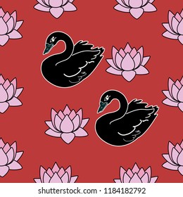 Trendy seamless pattern with swans, water lily. Night lake art background. Fashion design for fabric, wallpaper, textile and decor.