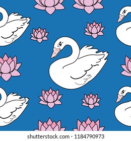 Trendy seamless pattern with swans, water lily. Night lake art background. Fashion design for fabric, wallpaper, textile and decor.