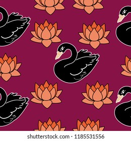 Trendy seamless pattern with swans, water lily. Night lake art background. Fashion design for fabric, wallpaper, textile and decor.