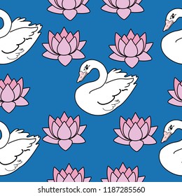 Trendy seamless pattern with swans, water lily. Night lake art background. Fashion design for fabric, wallpaper, textile and decor.