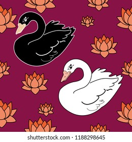 Trendy seamless pattern with swans, water lily. Night lake art background. Fashion design for fabric, wallpaper, textile and decor.