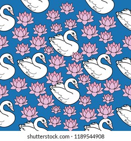 Trendy seamless pattern with swans, water lily. Night lake art background. Fashion design for fabric, wallpaper, textile and decor.