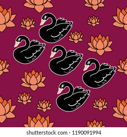 Trendy seamless pattern with swans, water lily. Night lake art background. Fashion design for fabric, wallpaper, textile and decor.