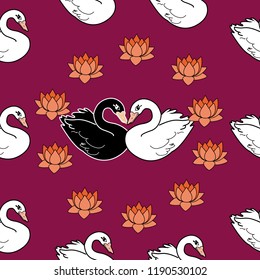 Trendy seamless pattern with swans, water lily. Night lake art background. Fashion design for fabric, wallpaper, textile and decor.