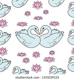 Trendy seamless pattern with swans, water lily. Night lake art background. Fashion design for fabric, wallpaper, textile and decor.