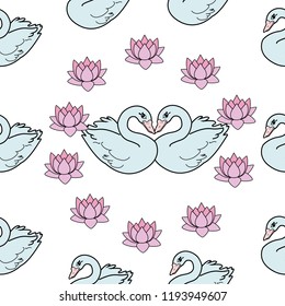 Trendy seamless pattern with swans, water lily. Night lake art background. Fashion design for fabric, wallpaper, textile and decor.