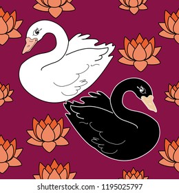 Trendy seamless pattern with swans, water lily. Night lake art background. Fashion design for fabric, wallpaper, textile and decor.