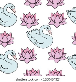 Trendy seamless pattern with swans, water lily. Night lake art background. Fashion design for fabric, wallpaper, textile and decor.