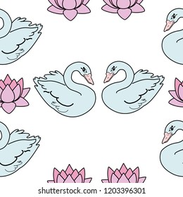 Trendy seamless pattern with swans, water lily. Night lake art background. Fashion design for fabric, wallpaper, textile and decor.