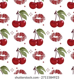 Moda sem emenda padrão com cerejas doces e beijos. Glamour coquette padrão sem costura, adesivos rosa e vermelho para Dia dos Namorados. Empacotamento, design de embalagem em estilo plano