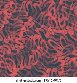 Trendy Seamless Pattern Tangled Lines Stippled Texture Vector Red Blue Abstract Background. Hand Drawn Tileable Geometric Dotted Grunge Repetitive Retro Style Wallpaper. Bizarre Art Illustration