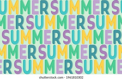 Trendy seamless pattern with text. Repeat of the word Summer with bright colorful letters on light blue backdrop. Cute funny seasonal sea background vector illustration texture.