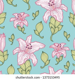 Trendy seamless pattern of Tiger Lily in lovely color of white, pink, green and light blue background.