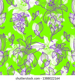 Trendy seamless pattern of Tiger Lily flower in proton purple outlined, white and UFO green background. Double exposure design style.