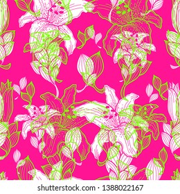 Trendy seamless pattern of Tiger Lily flower in UFO green outlined, white and plastic pink background. Double exposure design style.