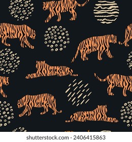 Patrón moderno y sin fisuras con tigres y objetos abstractos. Fondo vectorial para textiles, papel pintado, papel.