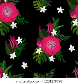 Trendy seamless pattern with tropical flowers and leaves. 