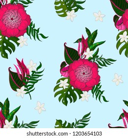 Trendy seamless pattern with tropical flowers and leaves. 