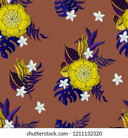 Trendy seamless pattern with tropical flowers and leaves. 