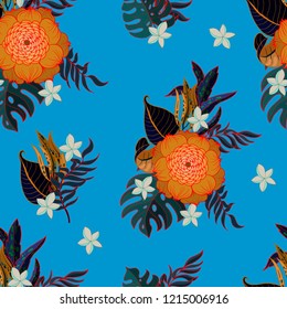 Trendy seamless pattern with tropical flowers and leaves. 