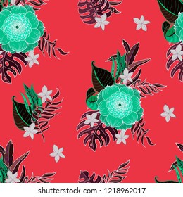 Trendy seamless pattern with tropical flowers and leaves. 