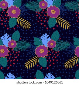 trendy seamless pattern with tropical leaves and flowers