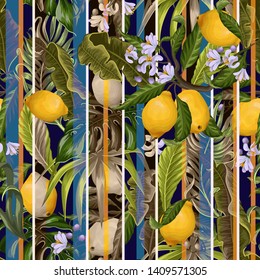 Trendy seamless pattern with tropical leaves and lemons. Vector.
