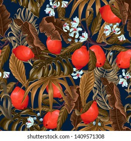 Trendy seamless pattern with tropical leaves and lemons. Vector.
