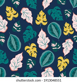 Trendy seamless pattern with tropical leaves 