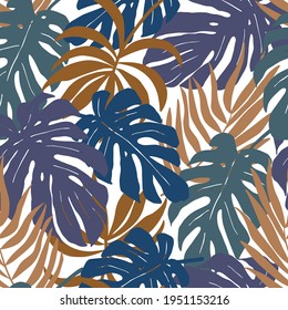 Trendy nahtlose Muster mit tropischen Blättern. Universelle Blumenhintergründe im tropischen Stil.  Moderne Vektorgrafik, perfekt für Stoff, Wickeltextur, Textilien, Tapeten, Heimkleidung.