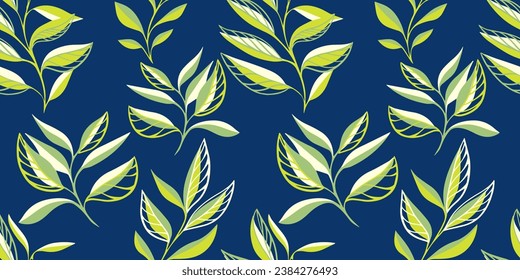 Trendy seamless pattern with tropical, minimalist, stylized green leaves stem. Vector hand drawn sketch. Creative leaf branches on a dark background print.  Template for design, textile, fashion