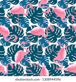 Trendy seamless pattern with tropical pink flamingos and monstera leaves. Exotic jungle background.