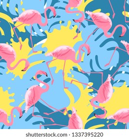 Trendy seamless pattern with tropical pink flamingos and monstera leaves. Exotic jungle background with stains of paint