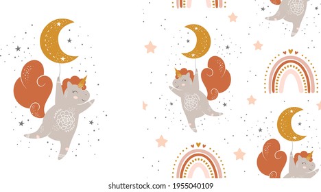 Trendy seamless pattern Unicorn rainbow and moon