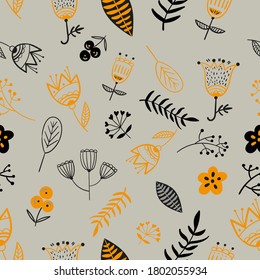 Trendy seamless pattern in vector. Autumn leaves and flowers. Use for printing on fabric, postcards, notebooks.