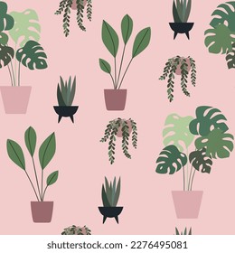 Trendy seamless pattern with  vector home prints plants in flat style. 