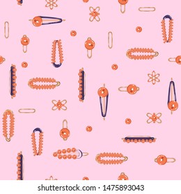 Trendy Seamless pattern vector. Set of hair accessory. Beautiful Vintage Hairpins  in orange pearl and gold metal illustration design for fashion,fabric,web,wallpaper and all prints on light pink 